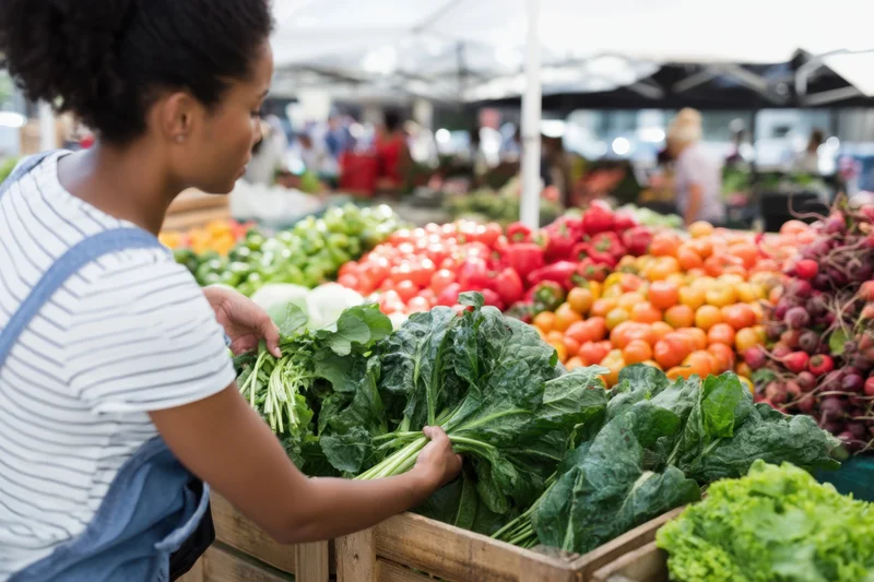 Woman selecting leafy greens at a farmers market stall
