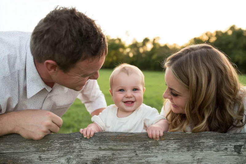 Smiling baby perched on a weathered wooden fence with parents leaning in from both sides in a grassy field at sunset