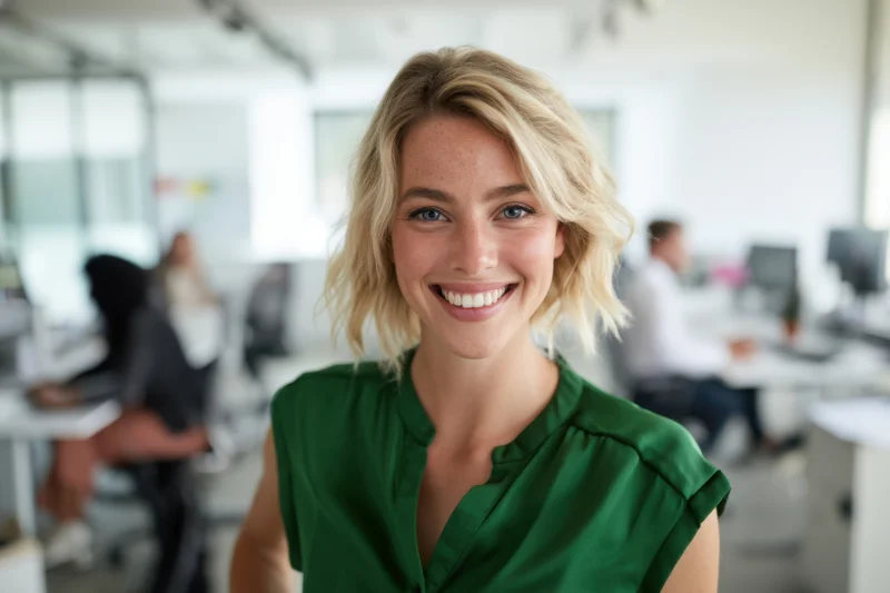 Smiling blonde woman in green blouse standing in modern office with colleagues at desks in background