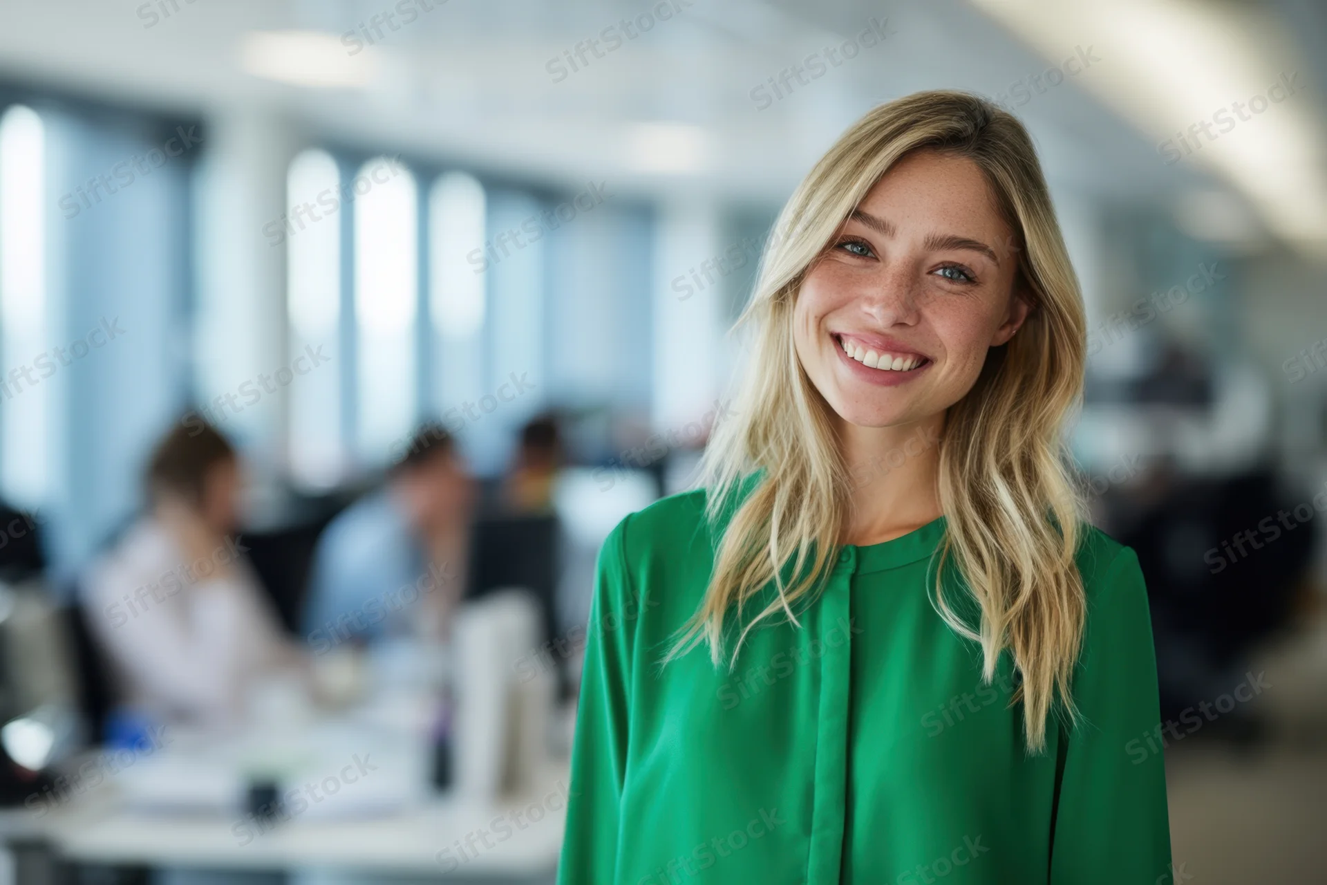 Smiling blonde woman in green blouse standing in modern office with colleagues working at desks in background