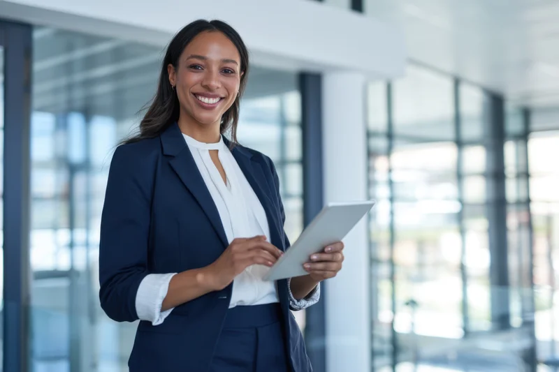 Smiling businesswoman holding tablet in modern office interior