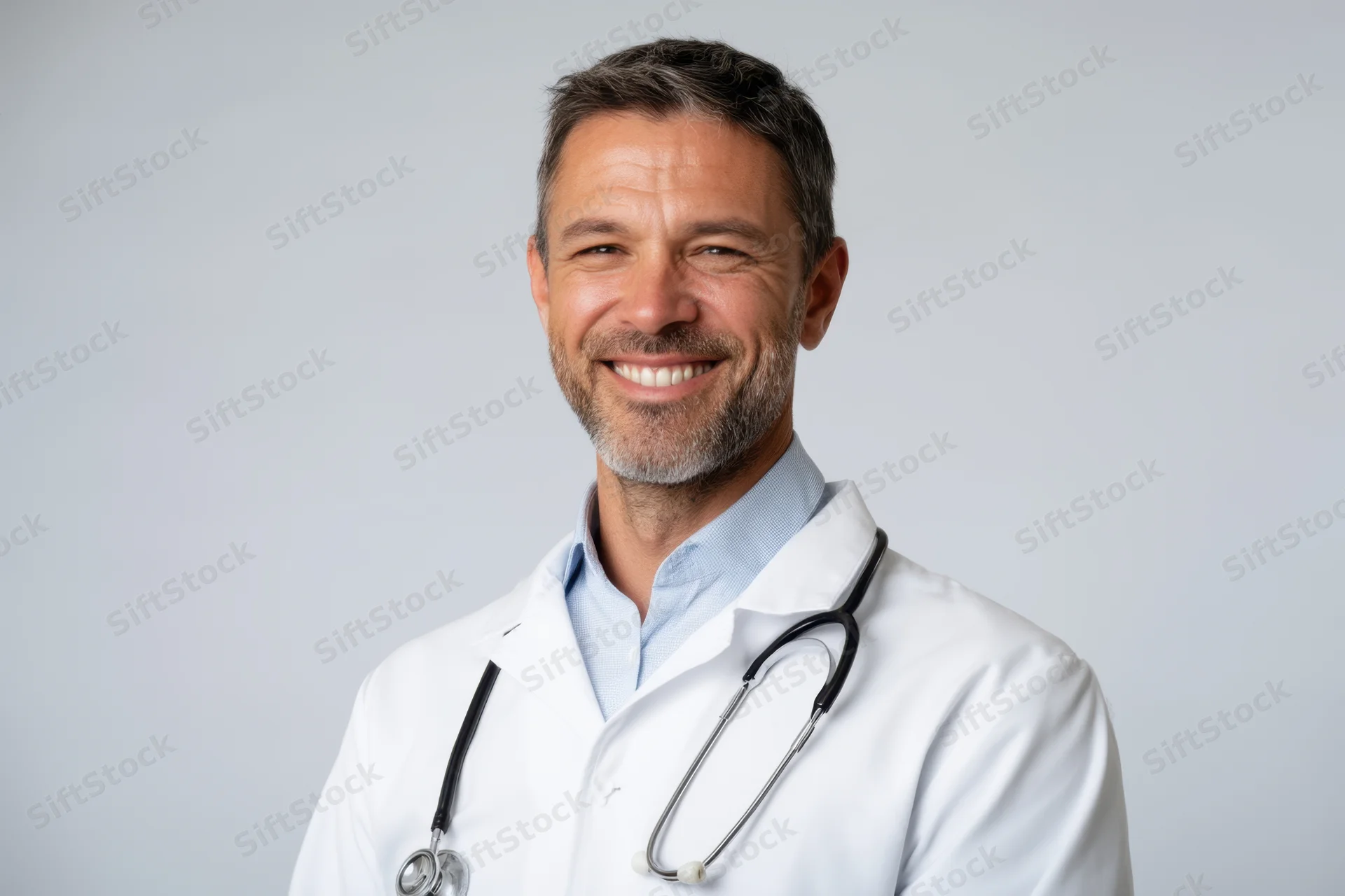 Smiling male doctor in white lab coat with stethoscope around neck against plain background