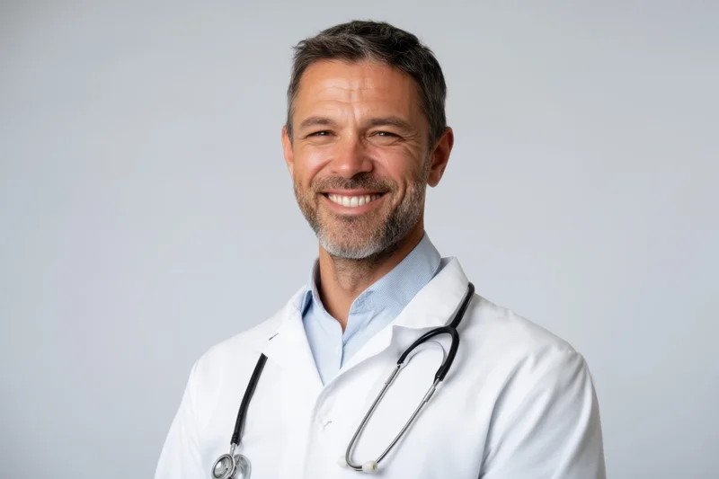 Smiling male doctor in white lab coat with stethoscope around neck against plain background