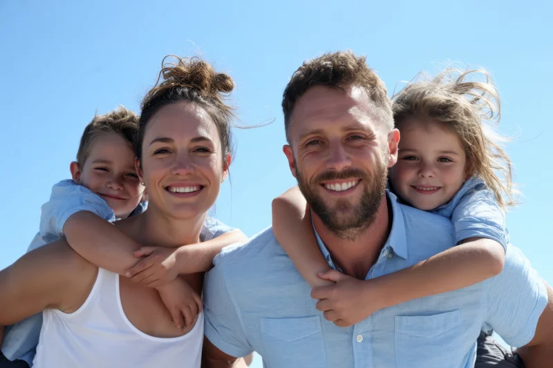 Smiling family with children on piggyback against bright blue sky outdoors