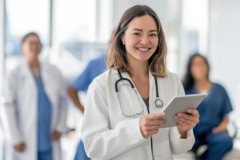 Smiling female doctor in white lab coat holding tablet in hospital office