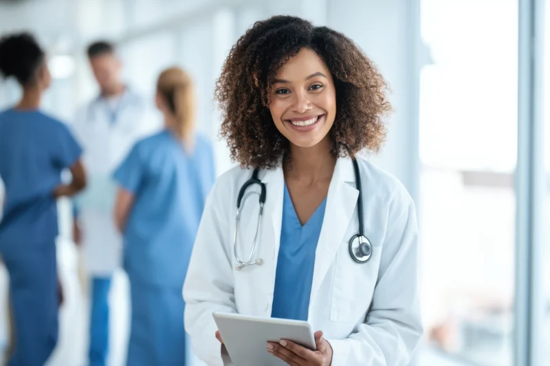 Smiling female doctor in white lab coat holding tablet in hospital corridor
