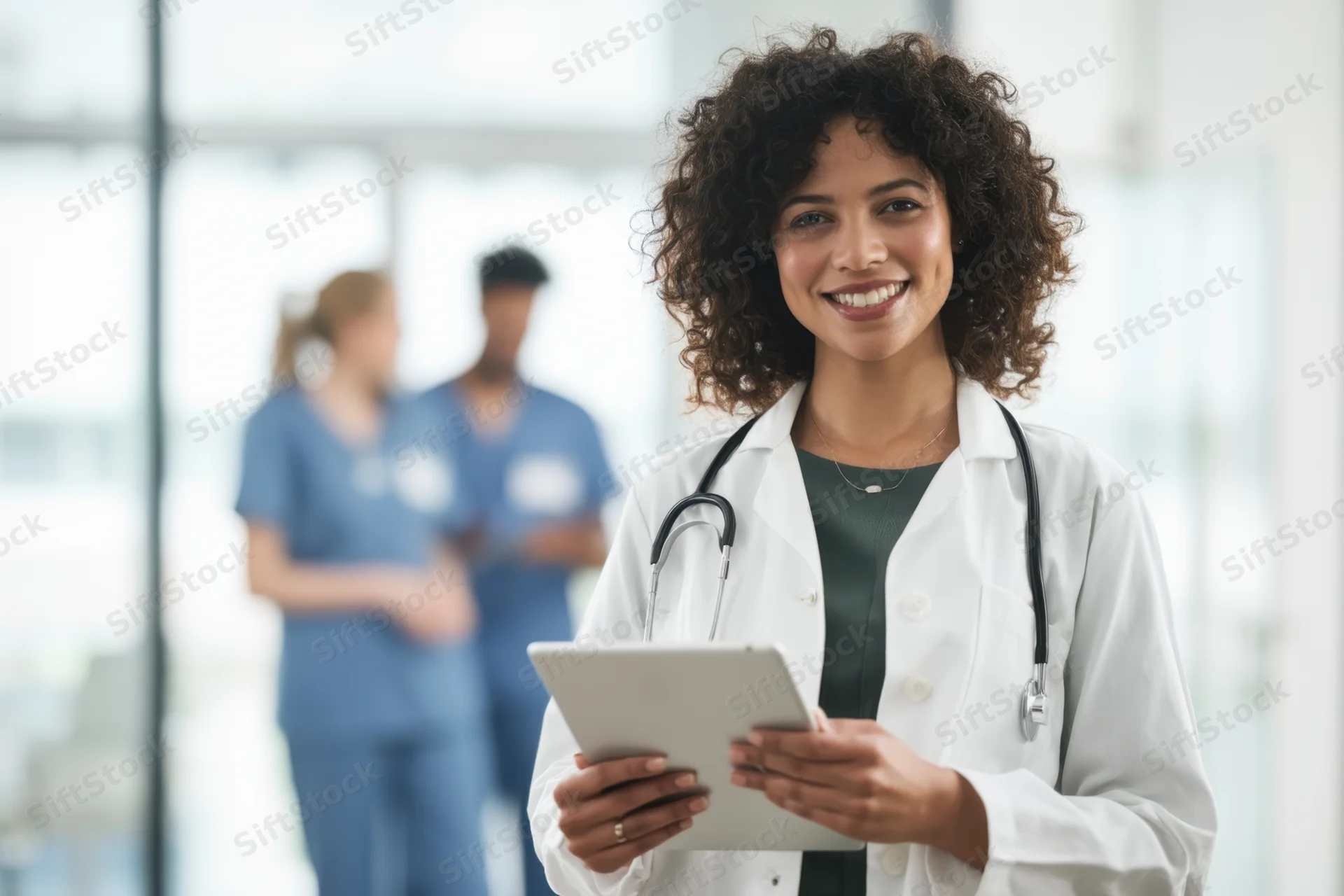 Female doctor smiling while holding tablet in a modern clinic with nurses in background