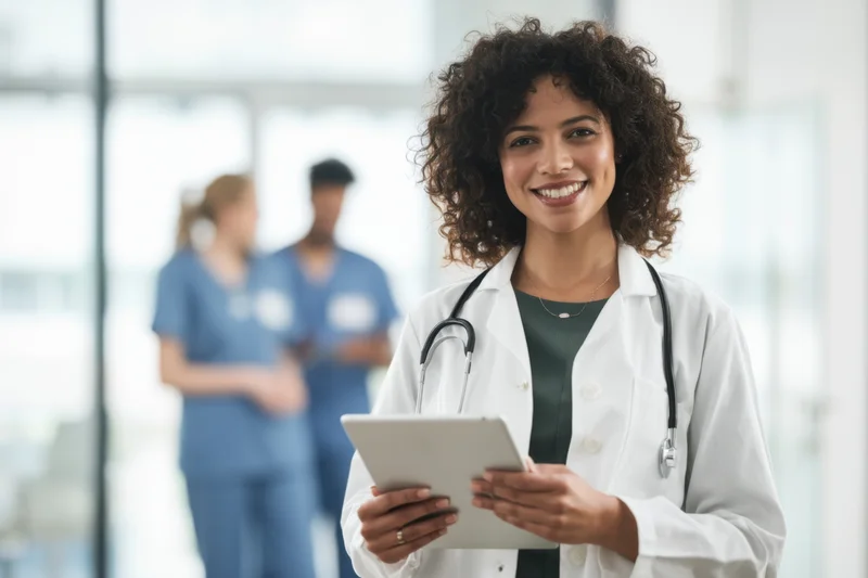 Female doctor smiling while holding tablet in a modern clinic with nurses in background