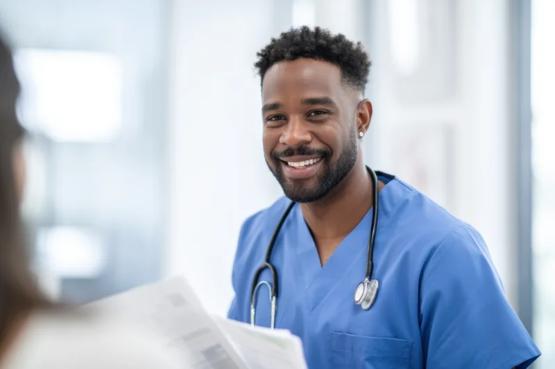 Smiling male doctor in blue scrubs conversing with a patient in a clinic