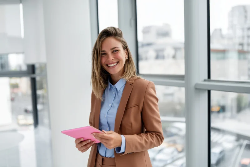 Smiling professional woman holding tablet near large window in modern office