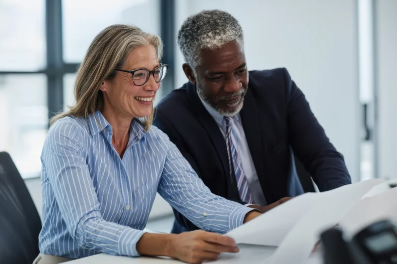 Woman and man smiling while reviewing documents at office desk