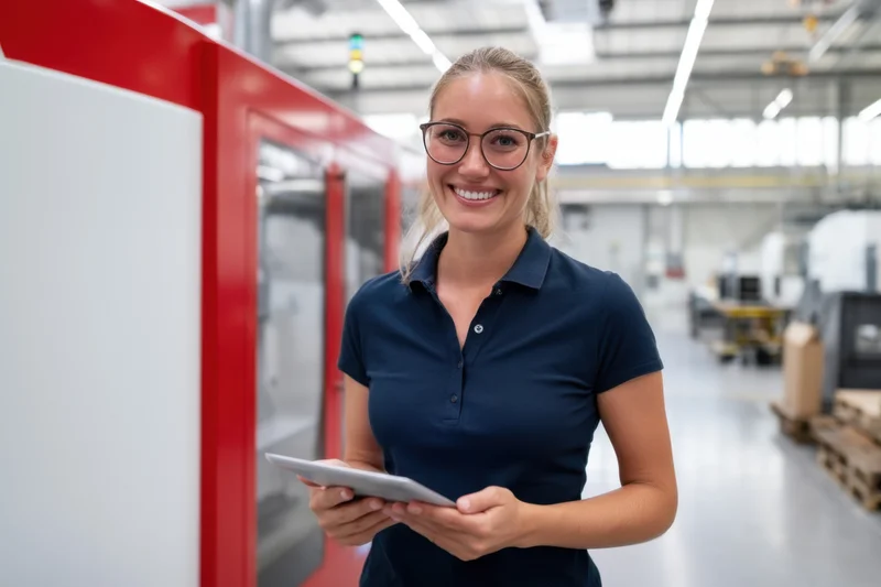Smiling woman holding tablet in factory production area