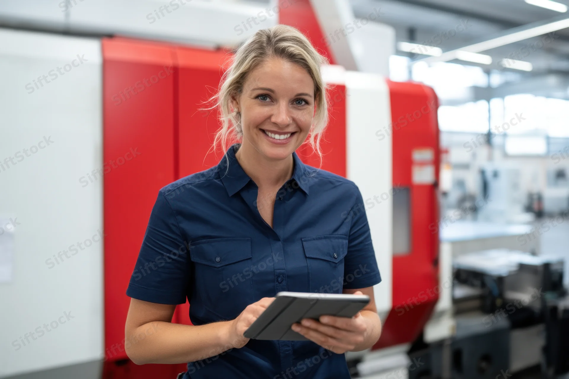 Woman holding tablet smiling in front of industrial machinery in factory