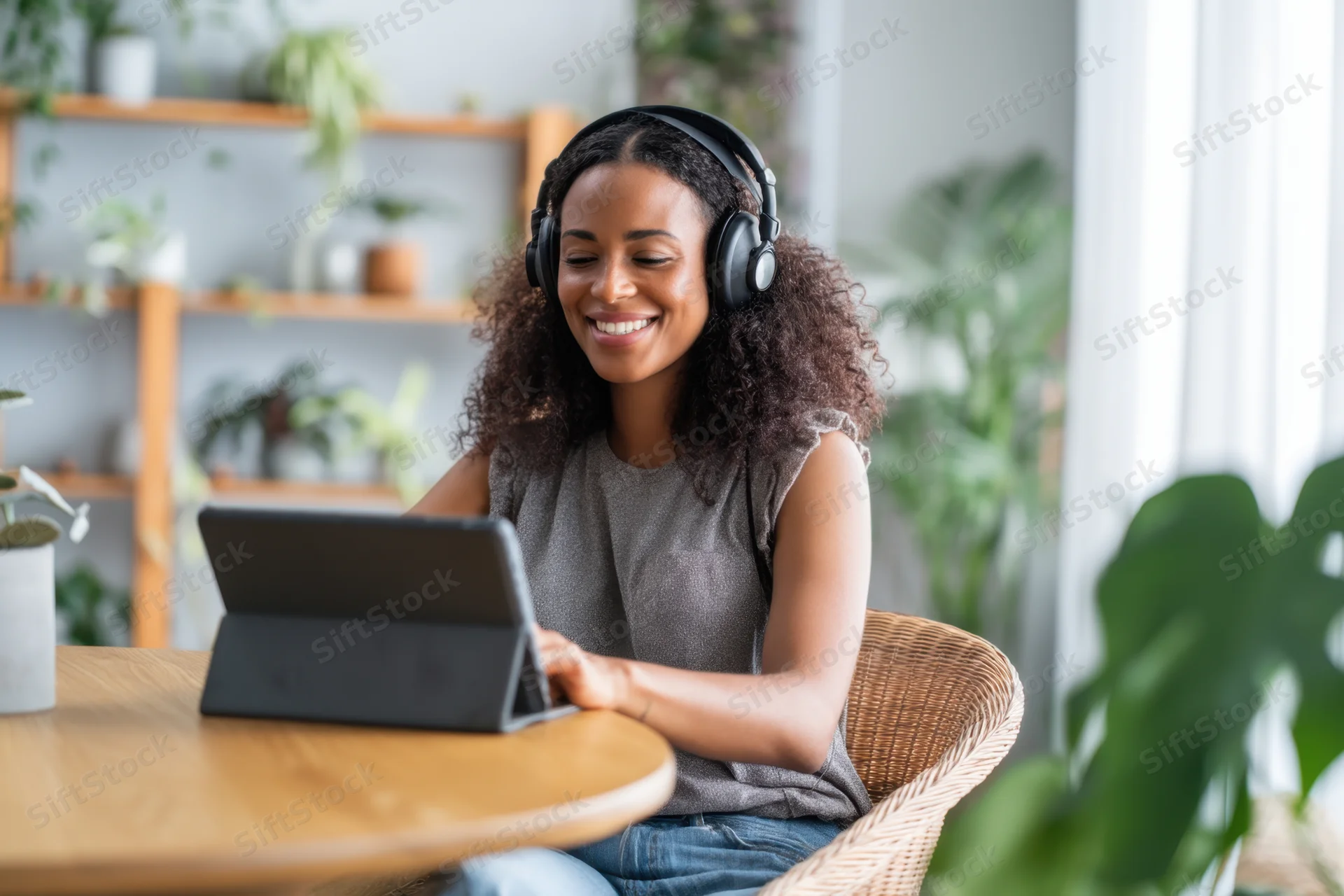 Smiling woman wearing headphones using tablet seated on wicker chair at wooden table in plant-filled home interior