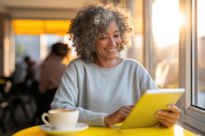 Smiling senior woman using tablet with coffee at yellow table by window in cafe