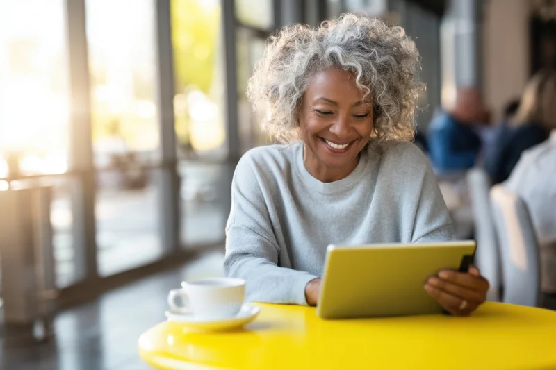 Senior woman smiling while using tablet at yellow table in cafe