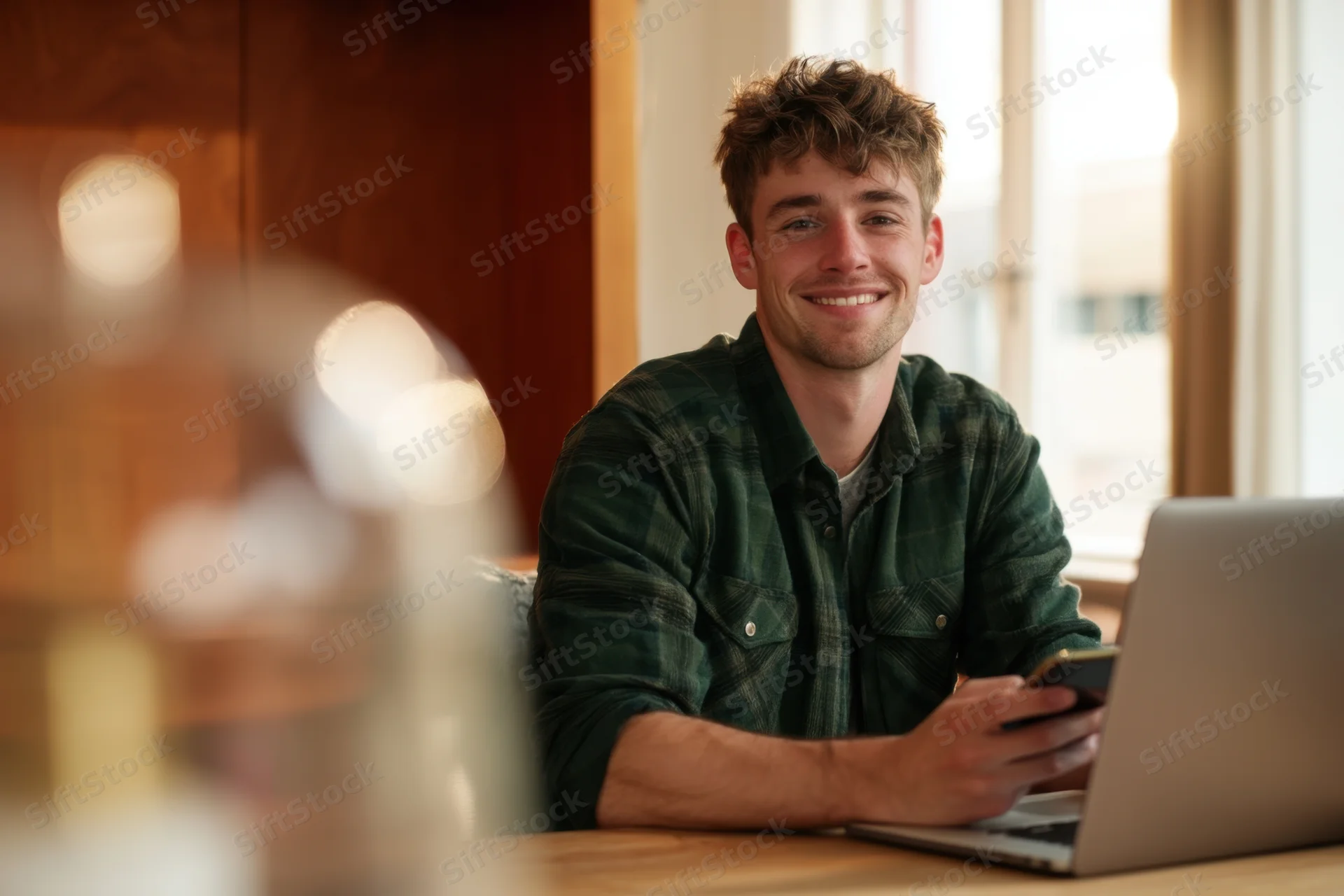 Young man smiling while using laptop and phone at wooden desk near window