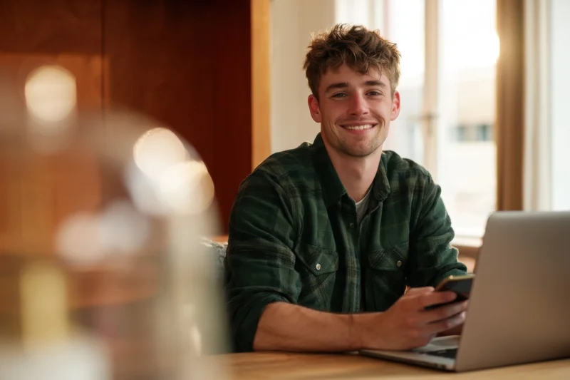 Young man smiling while using laptop and phone at wooden desk near window