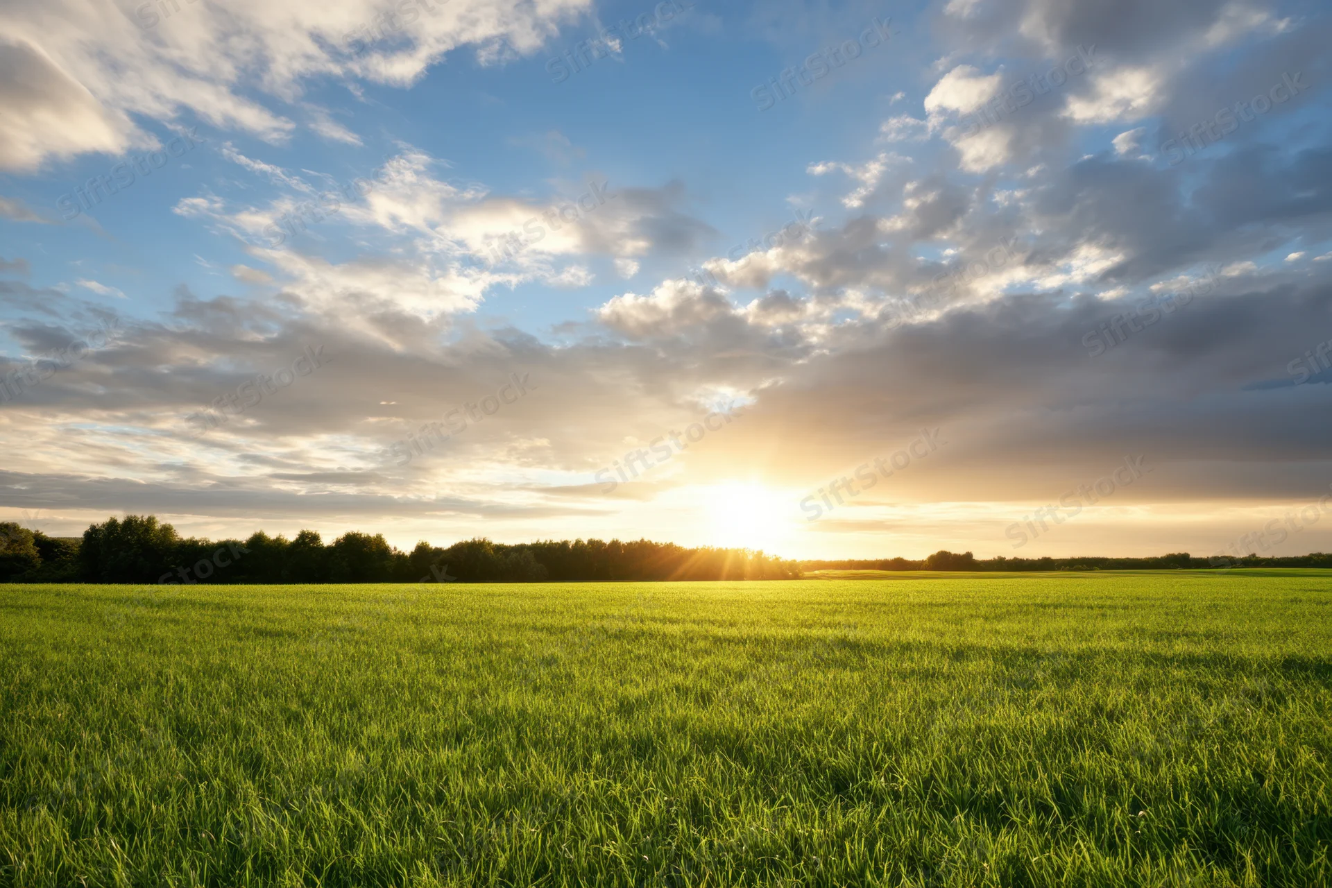 Sun setting over a vast green meadow with scattered clouds and distant trees on the horizon