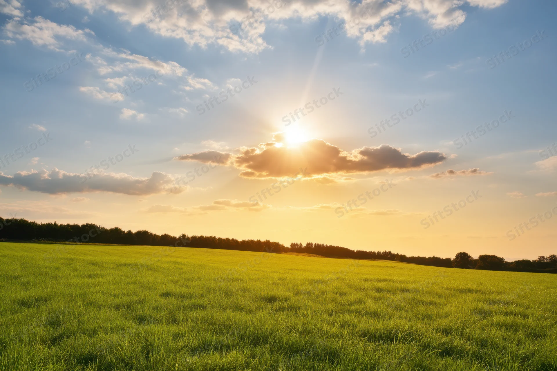 Sunlit green meadow under a partly cloudy sky with distant tree line