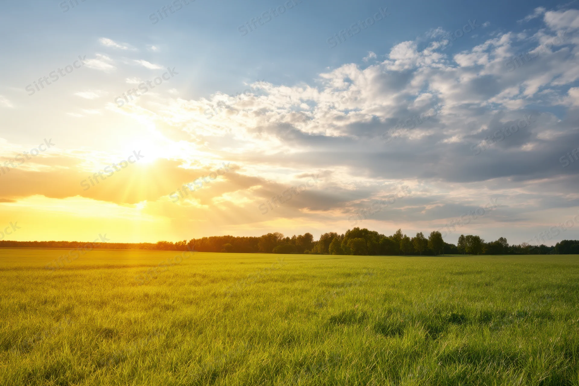 Sunlit meadow with vibrant green grass and distant tree line under a cloudy sky at sunset