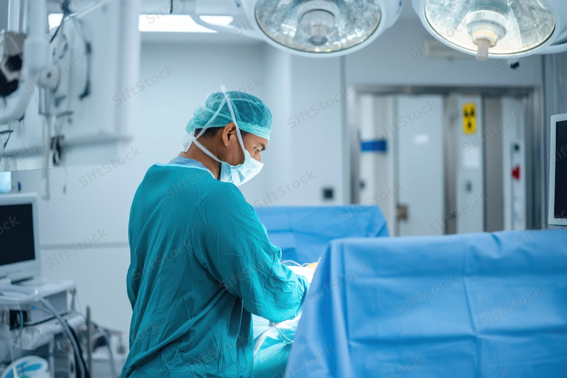 Surgeon performing surgery in an operating room with surgical lights and medical equipment