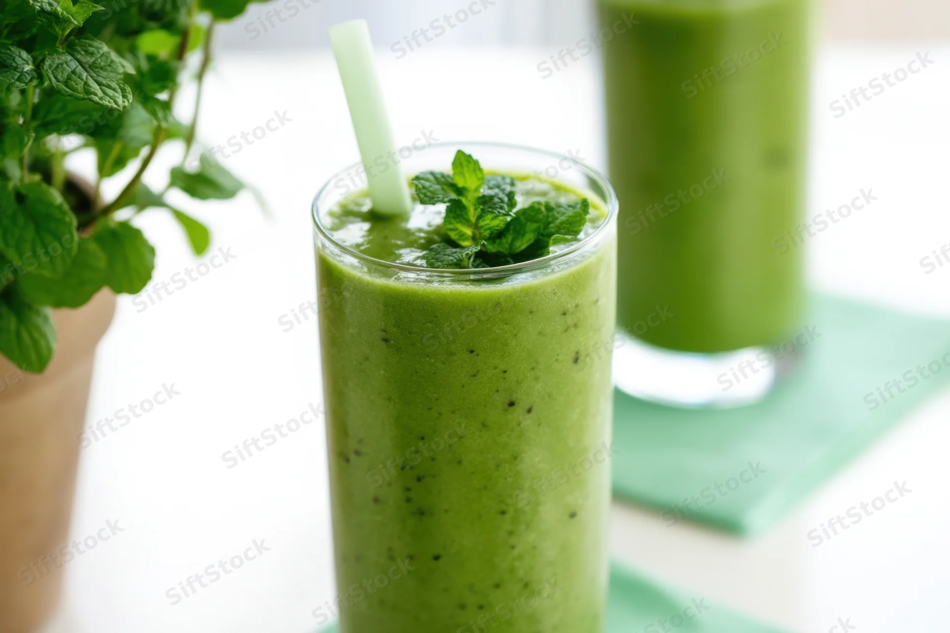 Tall glass of green smoothie with mint garnish and pale green straw on countertop