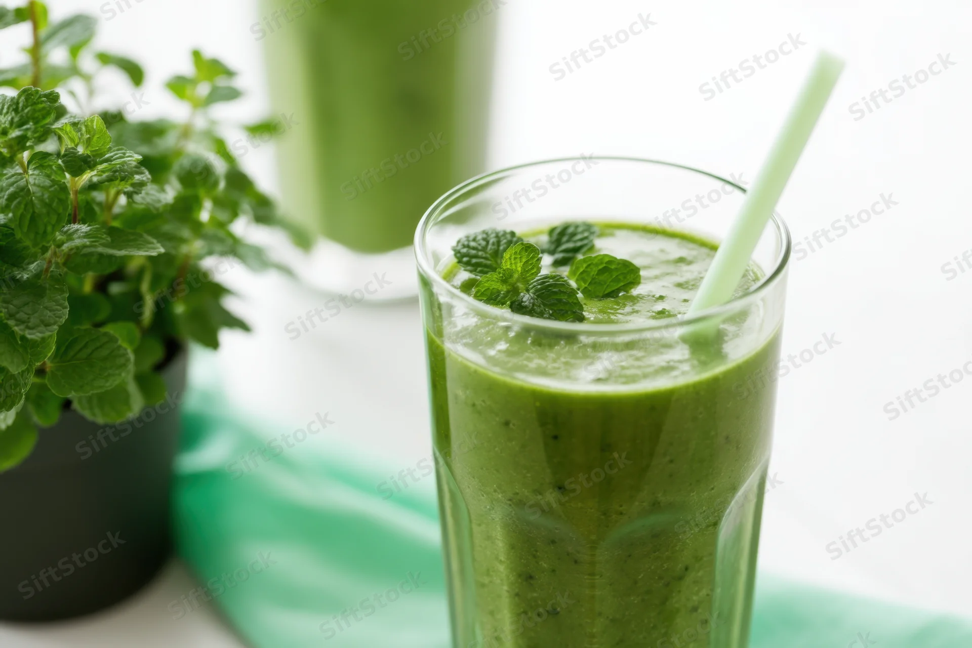 Tall glass of green smoothie with mint garnish and pale green straw on a white countertop beside a potted mint plant
