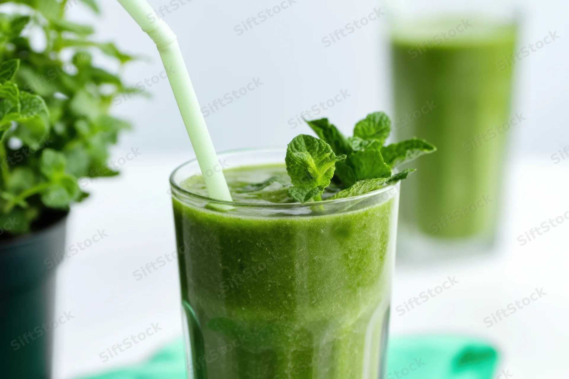Tall glass of green smoothie with mint garnish and pale green straw on white surface
