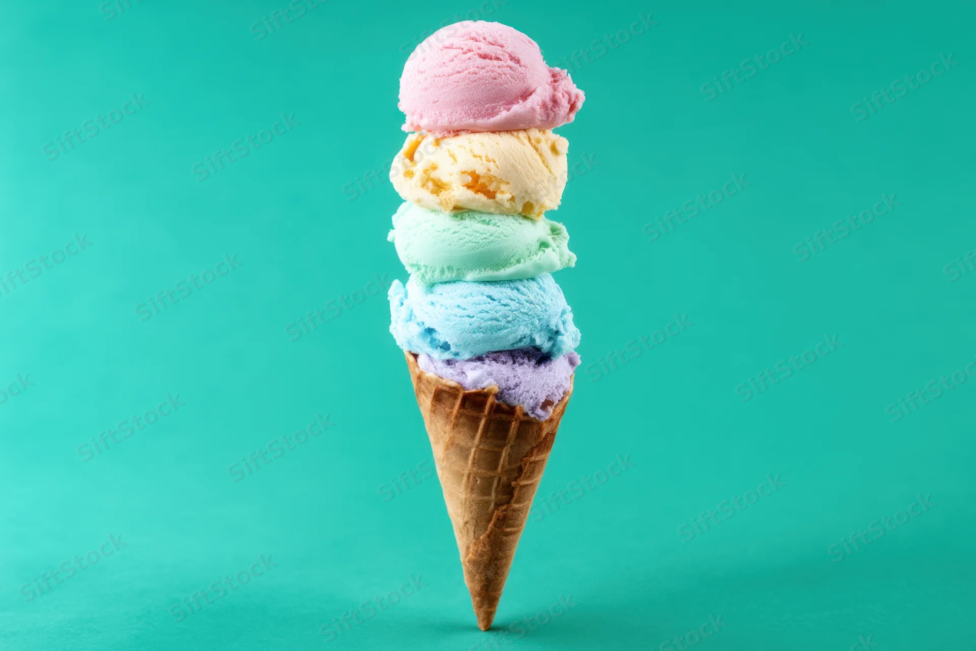 Tall waffle cone stacked with five colorful ice cream scoops against a teal background
