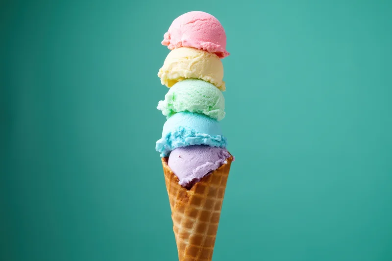 Tall waffle cone stacked with five colorful ice cream scoops against teal background