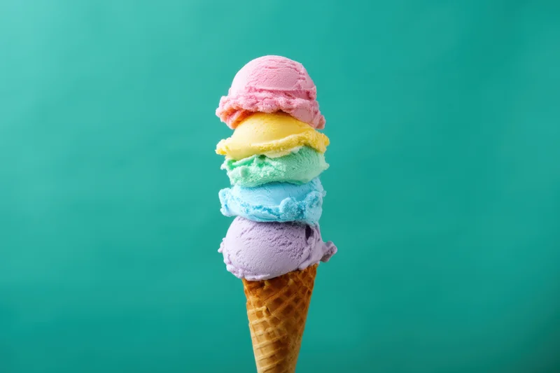Tall waffle cone stacked with five colorful ice cream scoops against teal background