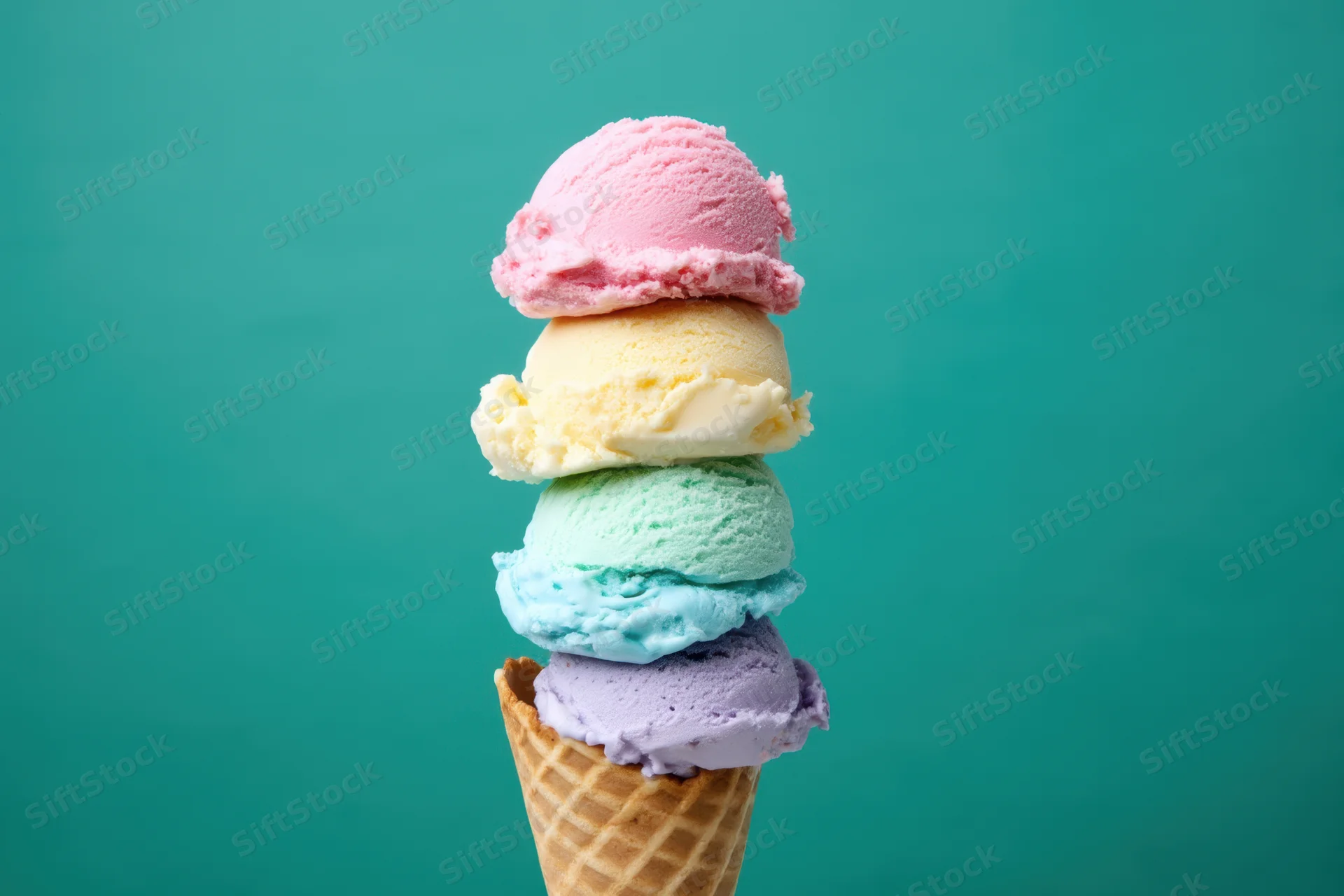 Tall waffle cone stacked with five colorful ice cream scoops against teal background