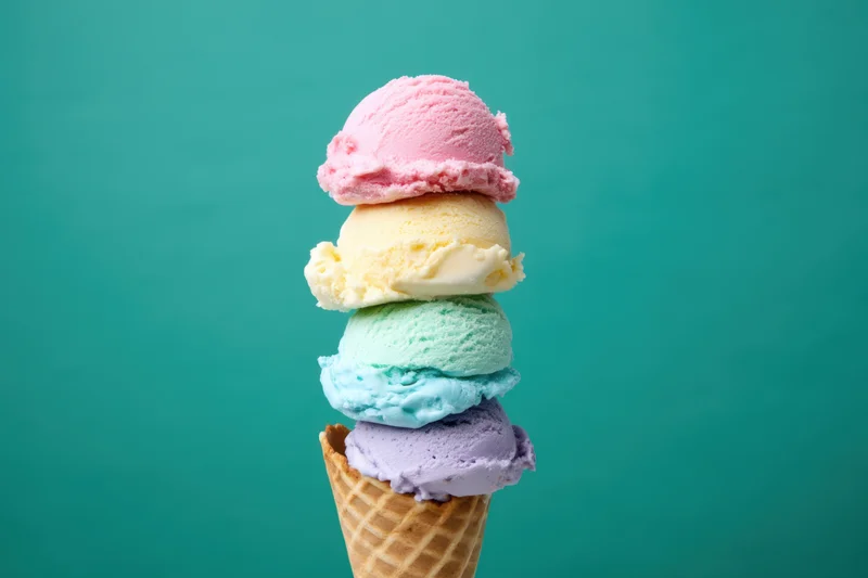 Tall waffle cone stacked with five colorful ice cream scoops against teal background