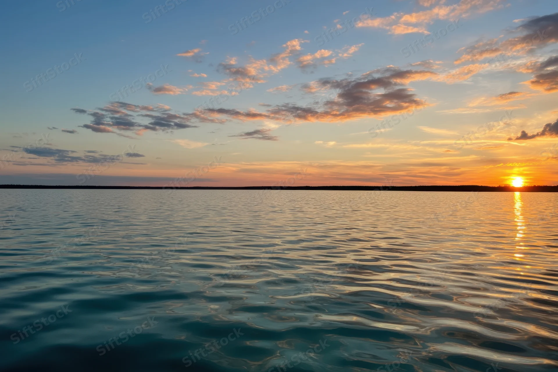 Sunset over a calm lake with rippling water reflecting golden light and scattered clouds above the horizon