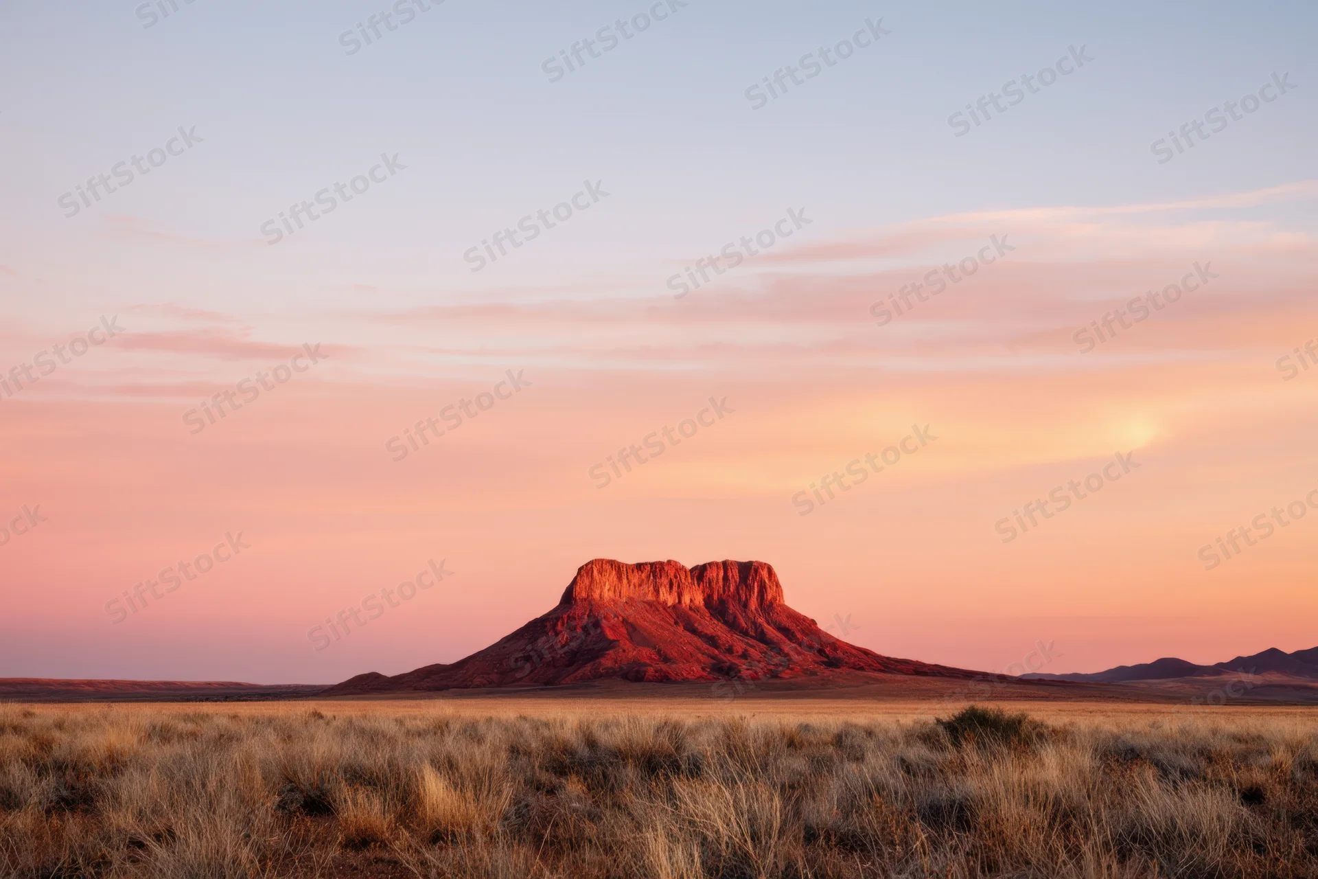 Red rock butte rising from a dry grass plain under a pastel sky at sunset