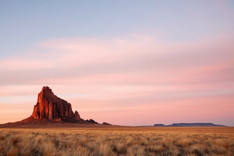 A red rock butte rising from a dry grass plain under a pastel sky gradient at twilight