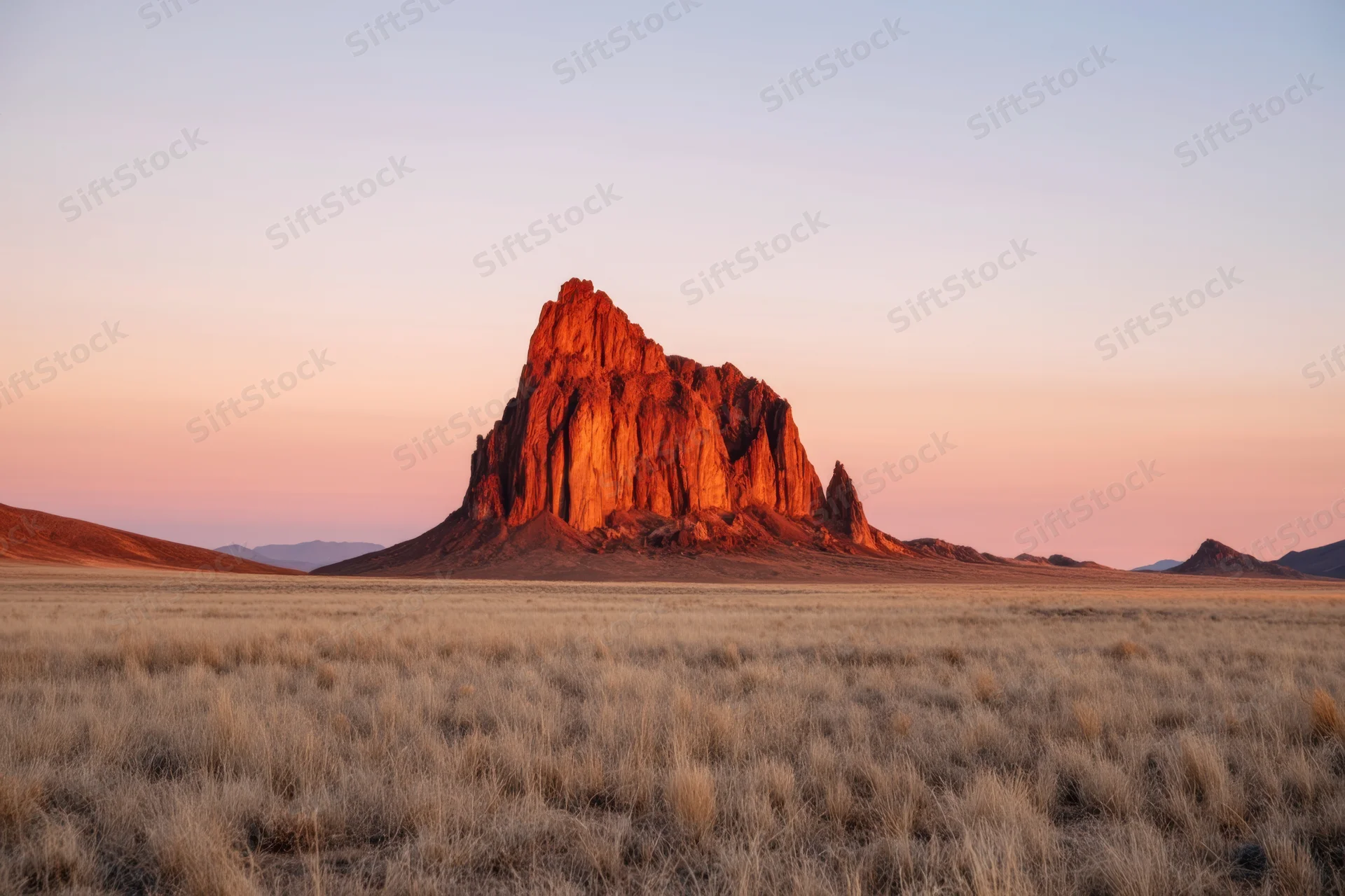 Red rock butte rising from a dry grass plain under a pastel sky at sunset