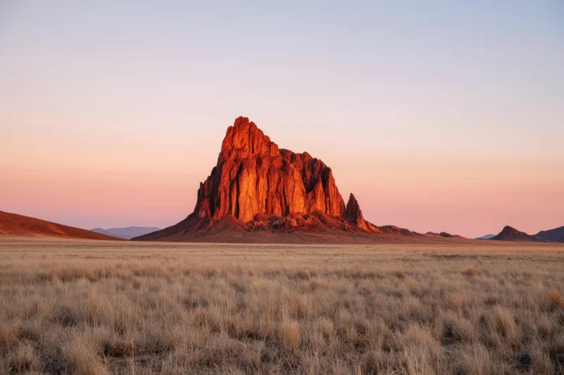 Red rock butte rising from a dry grass plain under a pastel sky at sunset