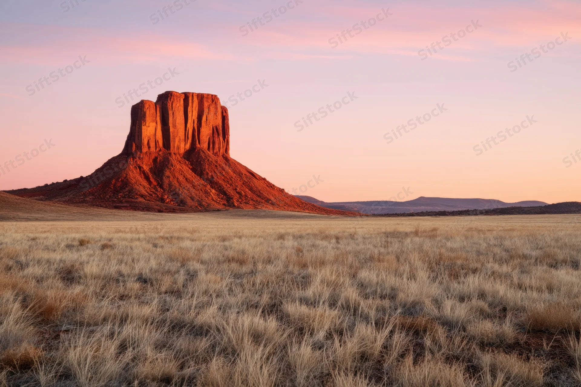 Red rock butte rising from dry grass plains under pastel sunset sky