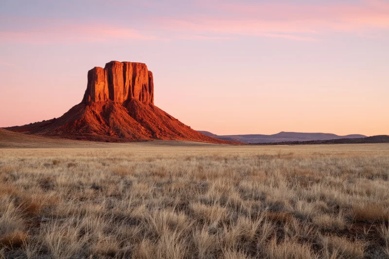 Red rock butte rising from dry grass plains under pastel sunset sky
