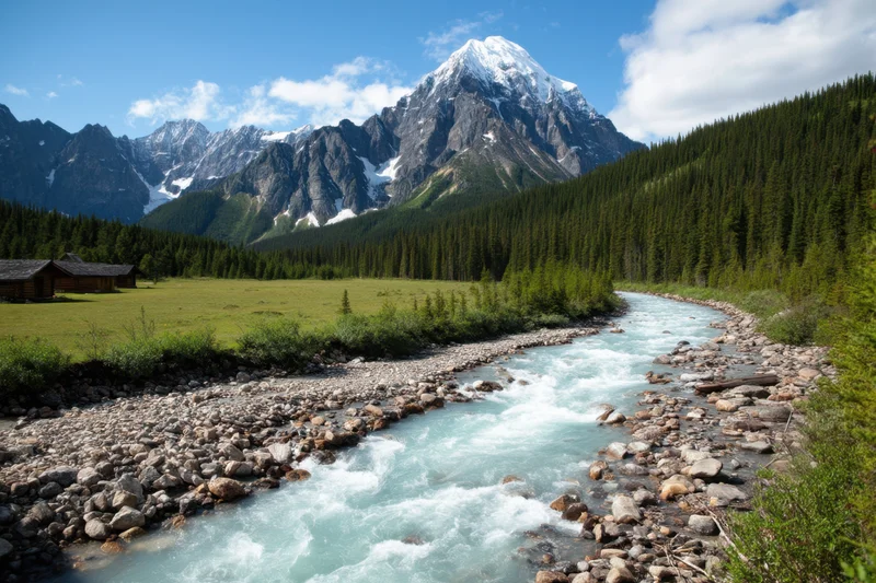 Turquoise river flowing rapidly through rocky bed in alpine valley with snow-capped mountain and evergreen forest