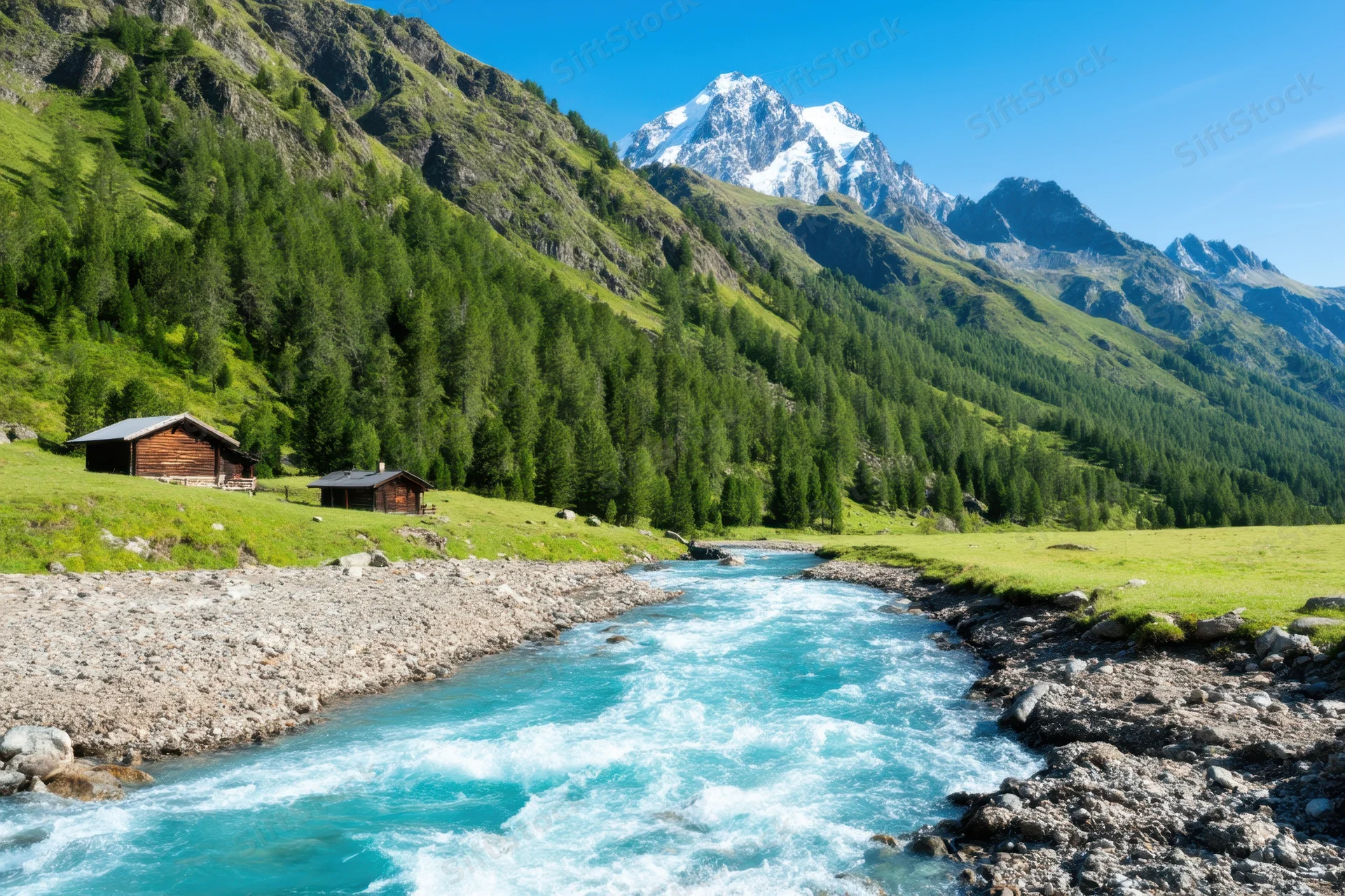 Turquoise river flowing through rocky bed in alpine valley with snow-capped peaks and wooden cabins surrounded by green forest and meadow