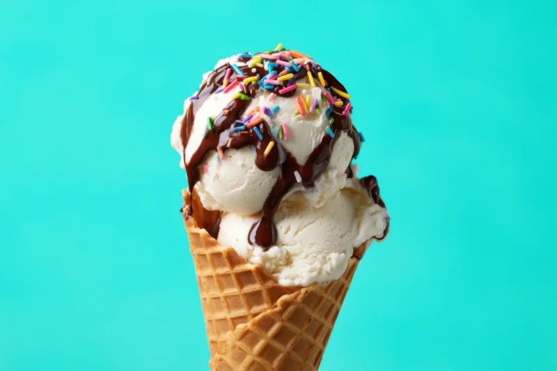 Two scoops of vanilla ice cream with chocolate drizzle and sprinkles in a waffle cone against a teal background