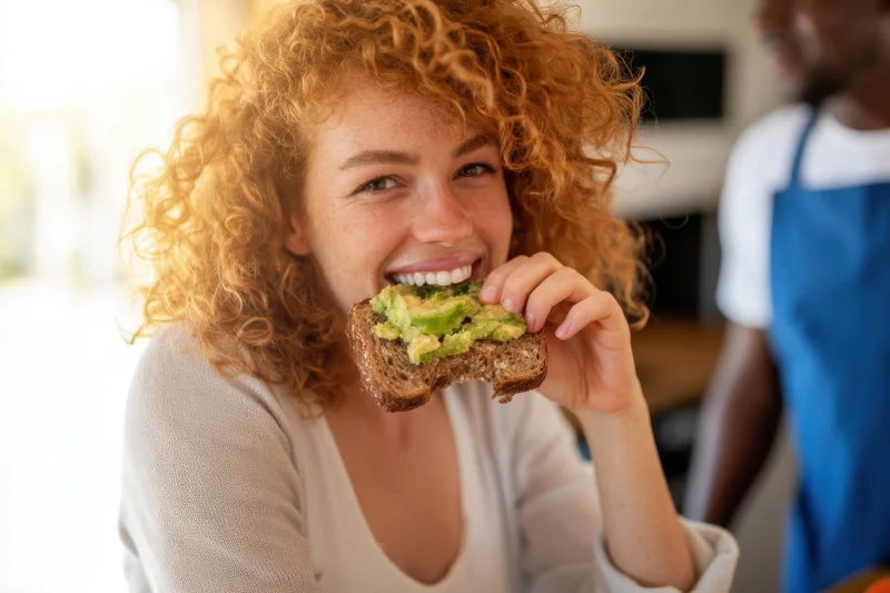 Woman biting into avocado toast in a kitchen while smiling