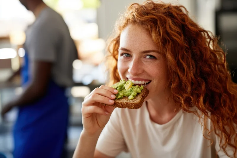Woman smiling while eating avocado toast in a cafe