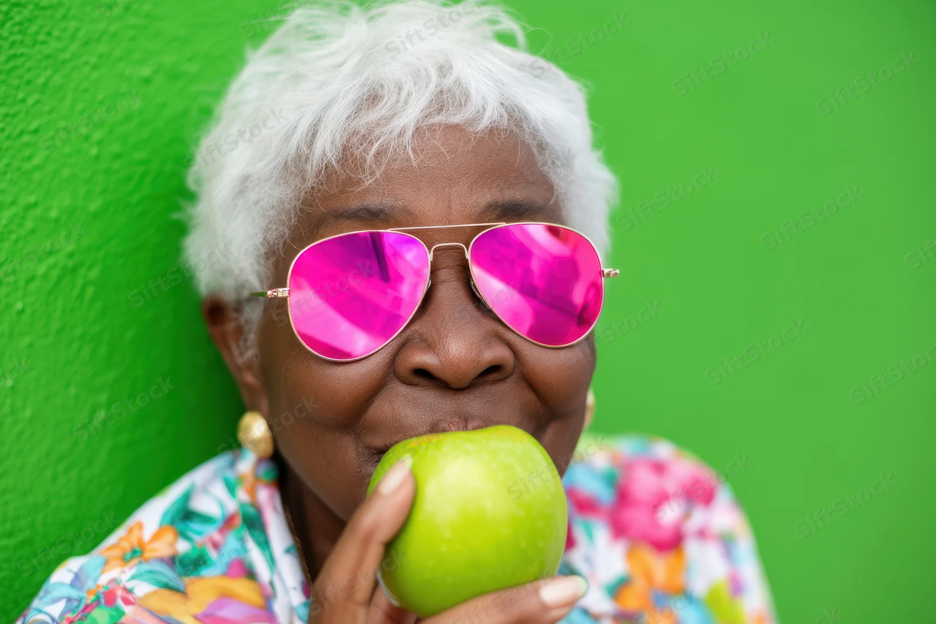 Senior woman with short white hair wearing pink mirrored sunglasses eating a green apple against a green wall