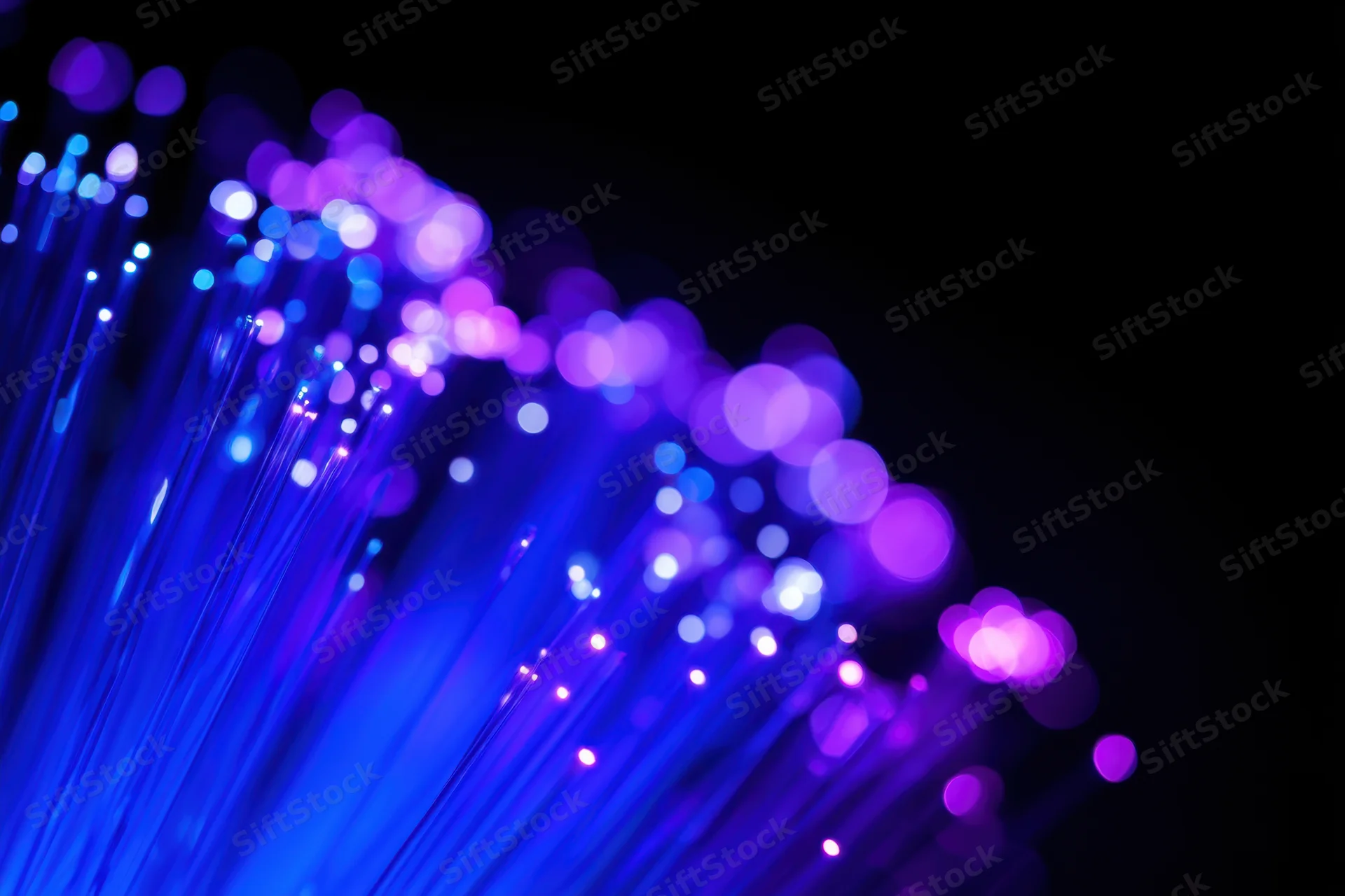 Blue and purple fiber-optic light trails glowing against black background with bokeh effect