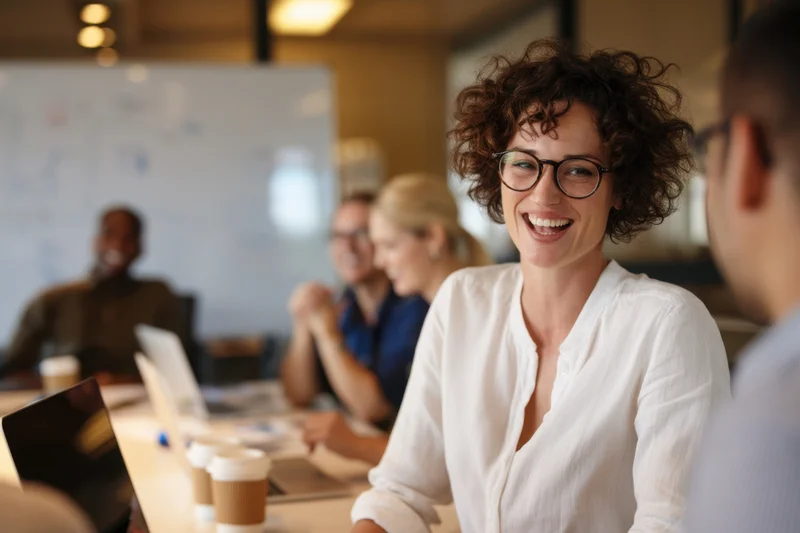 Woman smiling during team meeting around conference table in bright office