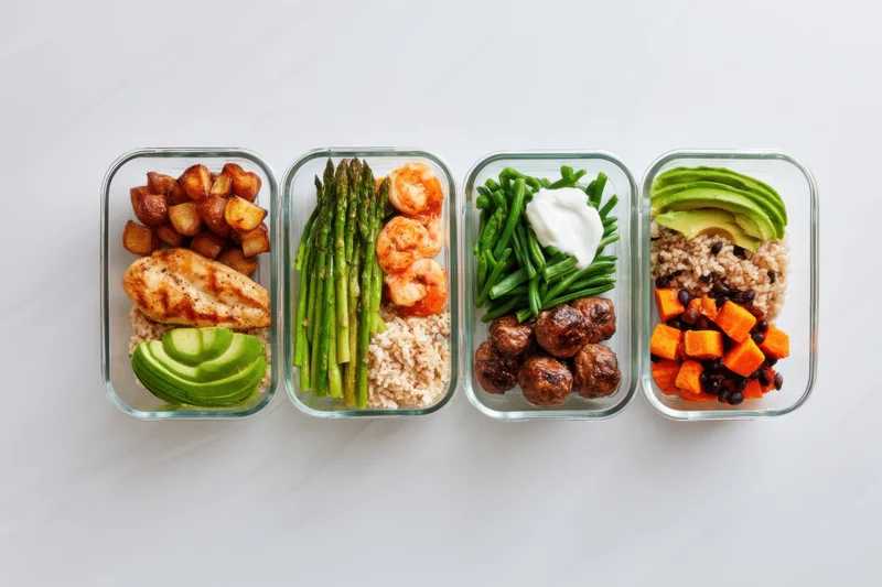 Four glass meal prep containers arranged in a row on a white surface, each filled with balanced meals of protein, vegetables, and grains